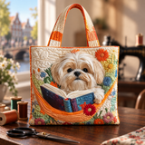 Handgemaakte tas - Shih Tzu met Boeken en Bloemen