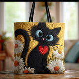 Handgemaakte tas - Zwarte Kat met Margrieten