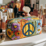 Lara - Quilted wash bag Embroidered Peace Van with Flowers