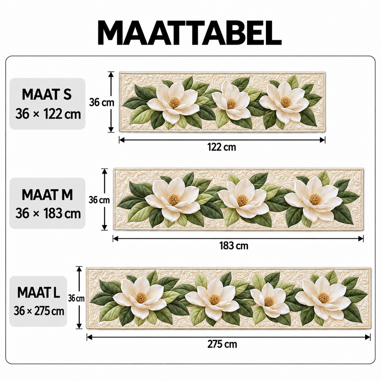 Maattabel: maat S 36 × 122 cm, M 36 × 183 cm, L 36 × 275 cm