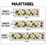 Maattabel: maat S 36 × 122 cm, M 36 × 183 cm, L 36 × 275 cm