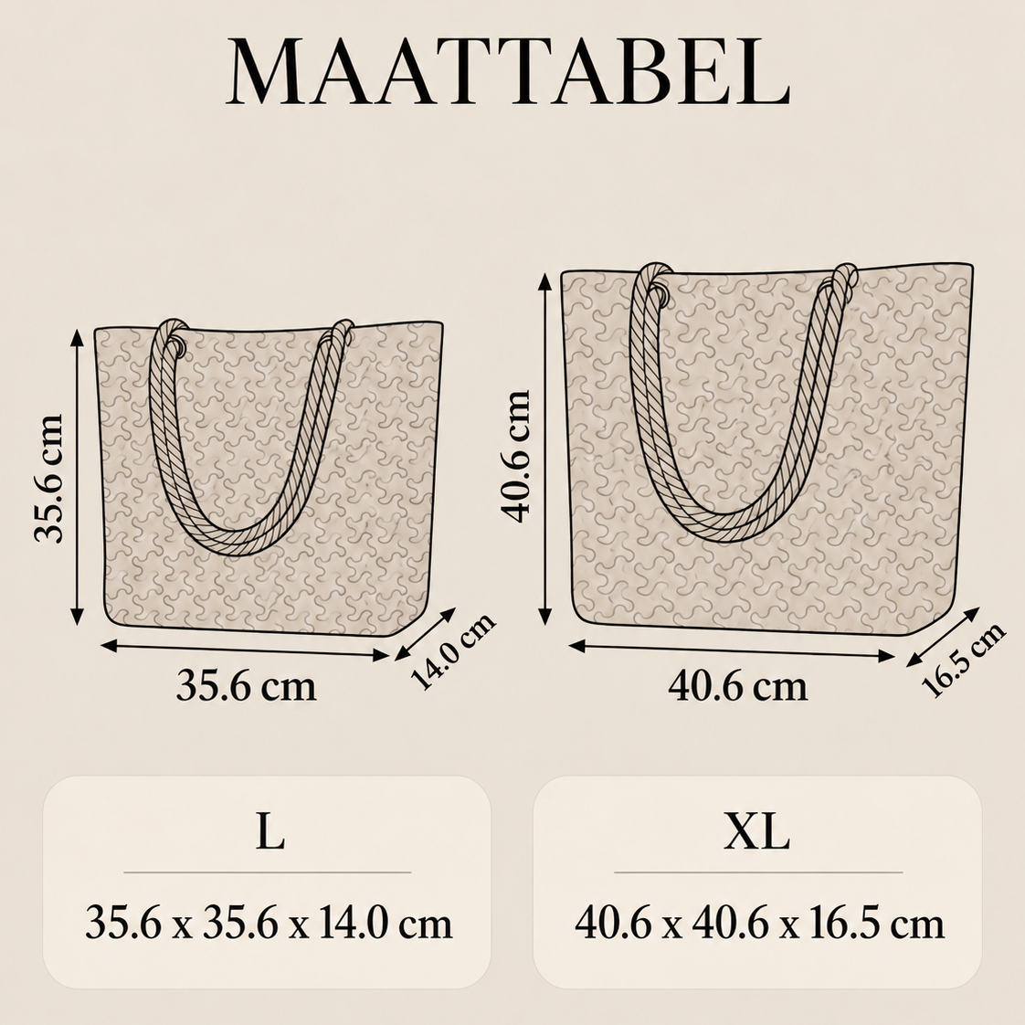 Maattabel gewatteerde strandtas - L en XL