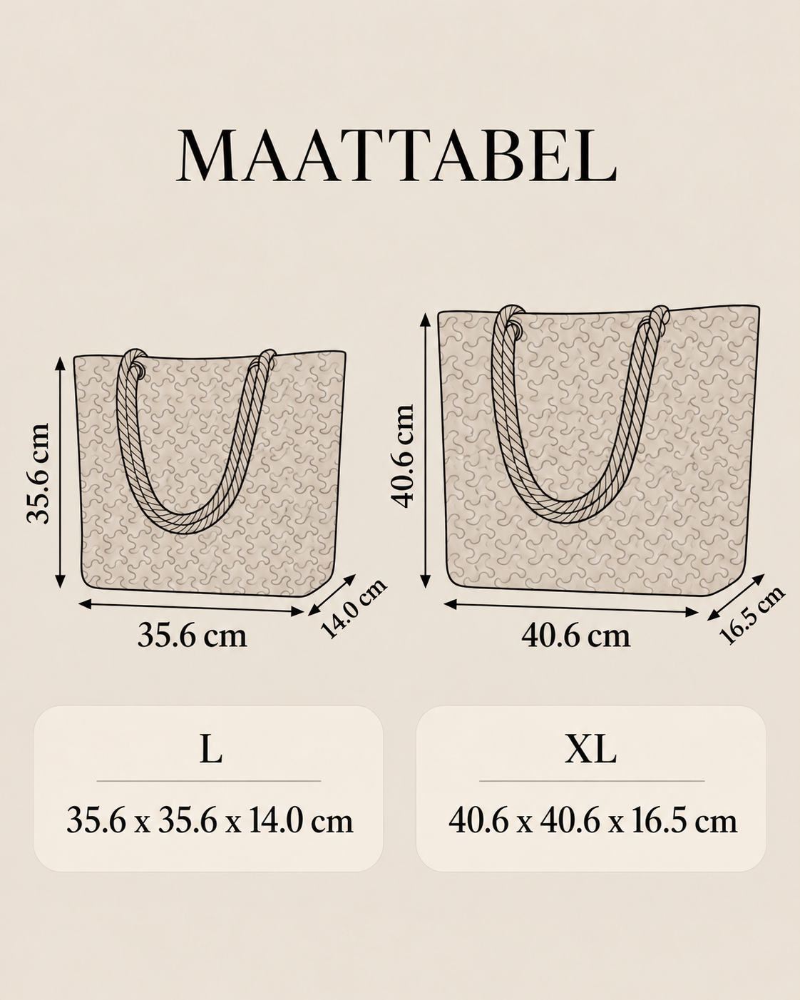 Maattabel gewatteerde strandtas - L en XL